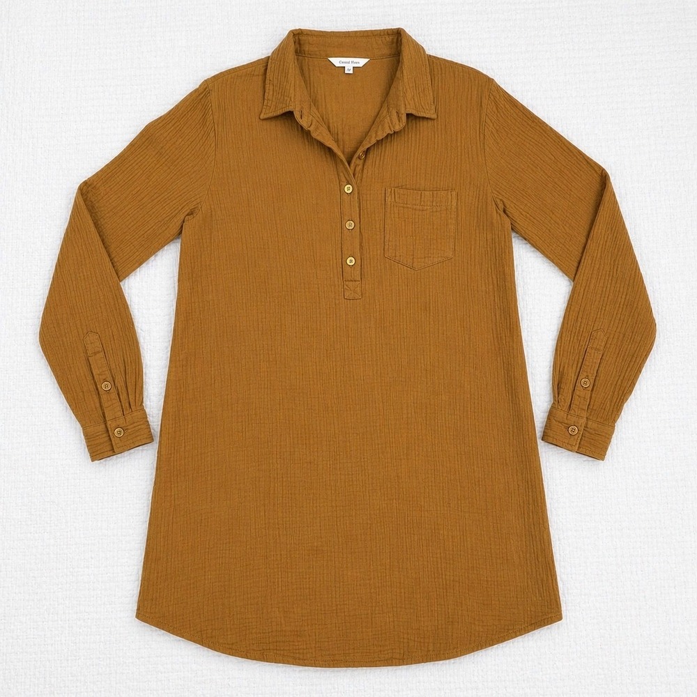 Coastal Mara Womens Organic Cotton Double Gauze Henley Tunic Mustard Yellow M